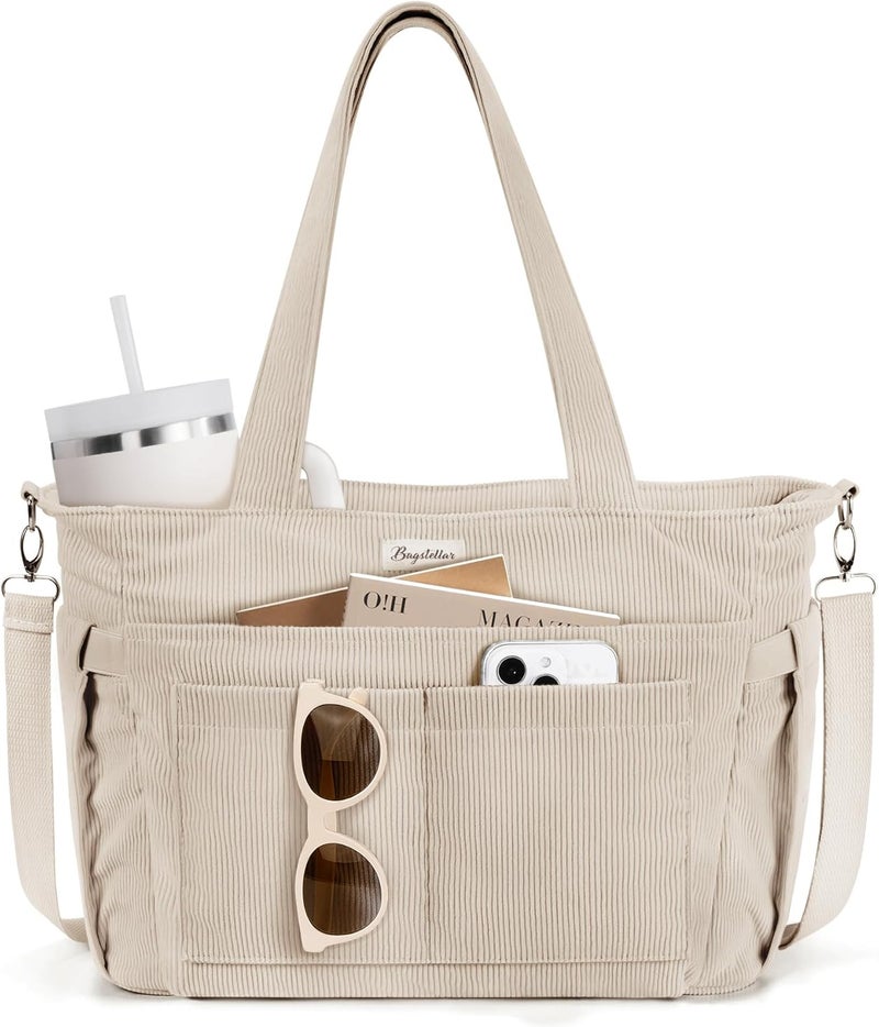 Bagstellar Corduroy Tote Bag for Women, 17 Pockets Laptop Work Tote Bag Lightweight Teacher Nurse Bible Bag for School Travel | with 40oz Cup Holder, Multi Compartment, Zipper Crossbody Bag, College Shoulder Bag, Daily Purse w/ Strap, Ideal Gift for Women - Image 1